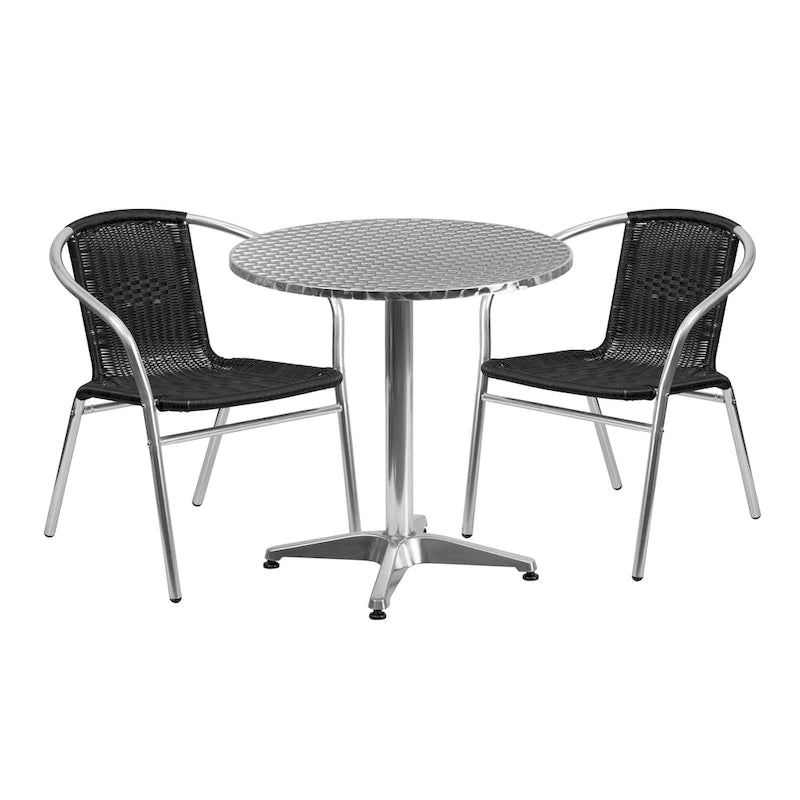 27.5  Round Aluminum Indoor-Outdoor Table Set with 2 Rattan Chairs - 27.5 W x 27.5 D x 27.5 H - 27.5 W x 27.5 D x 27.5 H