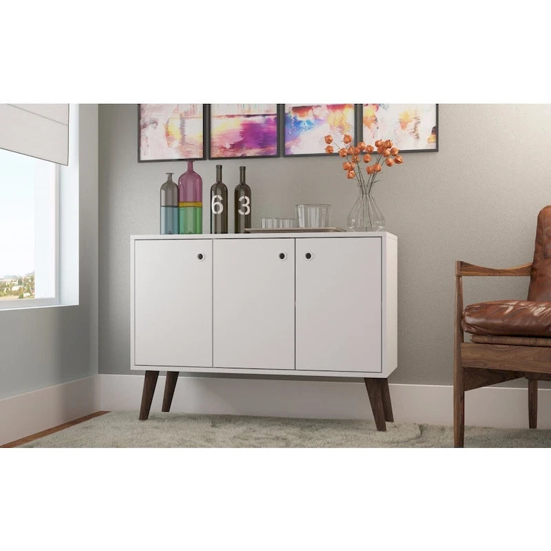 35.43" Mid-Century Modern Buffet Stand with 3 Shelves 3 Doors Storage Cabinet Glossy Finish Sideboard