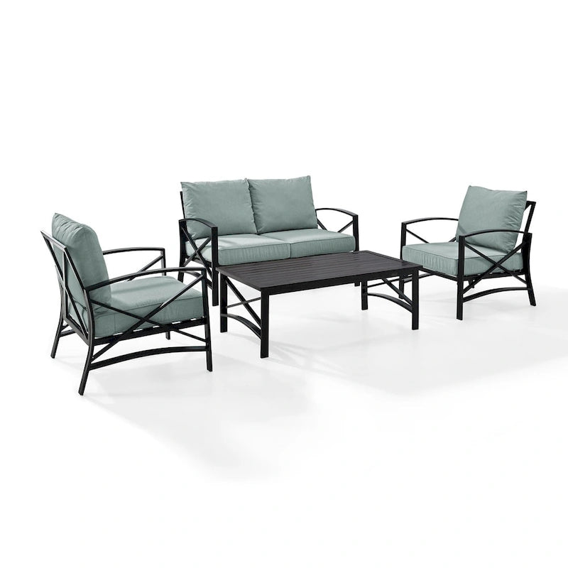 Crosley kaplan 4 pc outdoor seating set with mist cushion - loveseat, two chairs, coffee table - 138.75 W x 72.19 D x 32 H