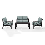 Crosley kaplan 4 pc outdoor seating set with mist cushion - loveseat, two chairs, coffee table - 138.75 W x 72.19 D x 32 H