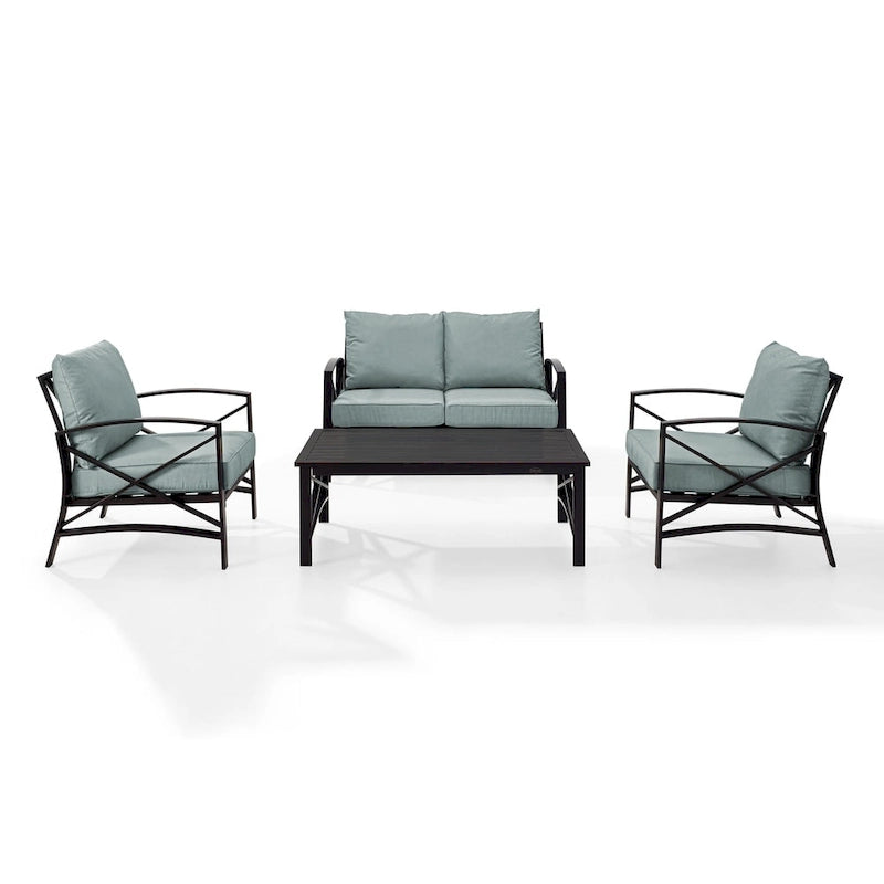 Crosley kaplan 4 pc outdoor seating set with mist cushion - loveseat, two chairs, coffee table - 138.75 W x 72.19 D x 32 H
