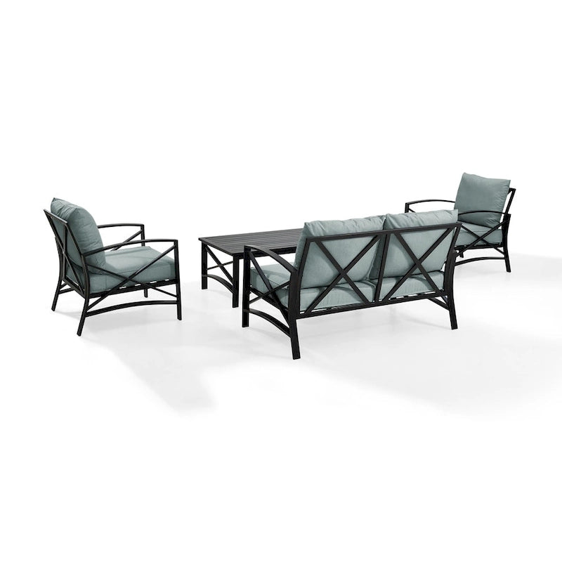 Crosley kaplan 4 pc outdoor seating set with mist cushion - loveseat, two chairs, coffee table - 138.75 W x 72.19 D x 32 H