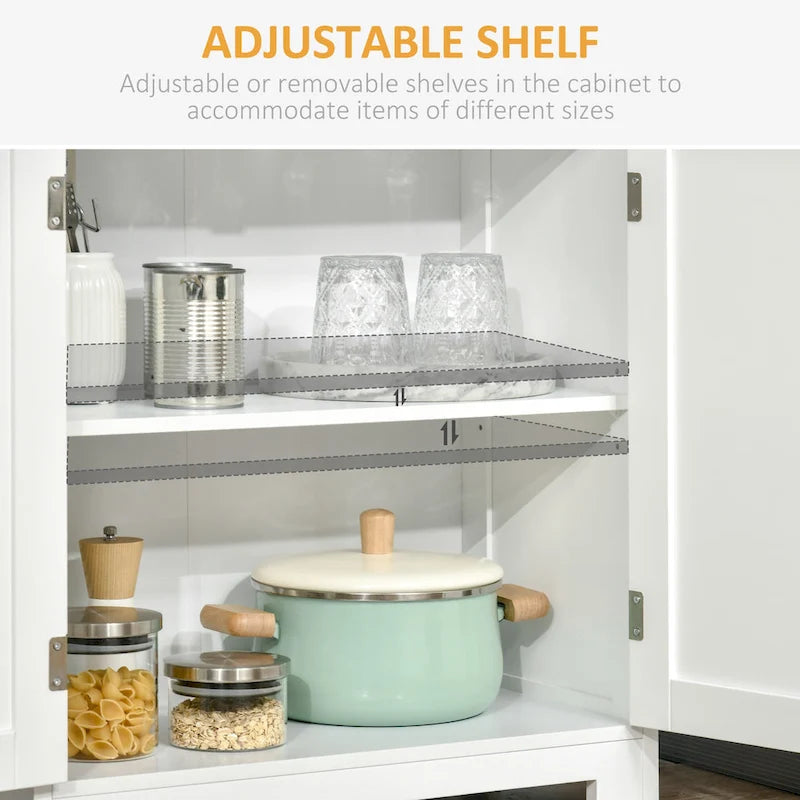 63" White Kitchen Buffet Hutch Cabinet with Glass Doors, Adjustable Shelves & Storage - Modern Freestanding Pantry Organizer
