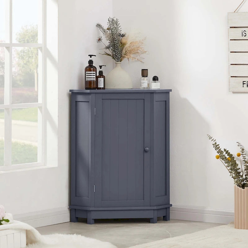 Triangle Corner Bathroom Storage Cabinet 31.5" H x 24.72" W - 2 Shelf MDF Wood Organizer with Ceramic Knobs - Black Brown