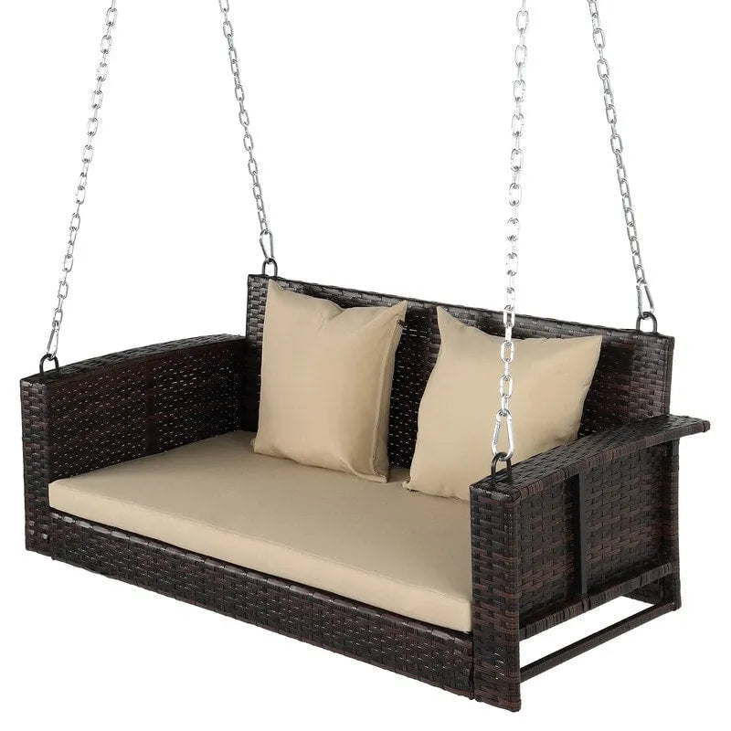 Outdoor 2-Person Wicker Porch Swing Bench with Cushion