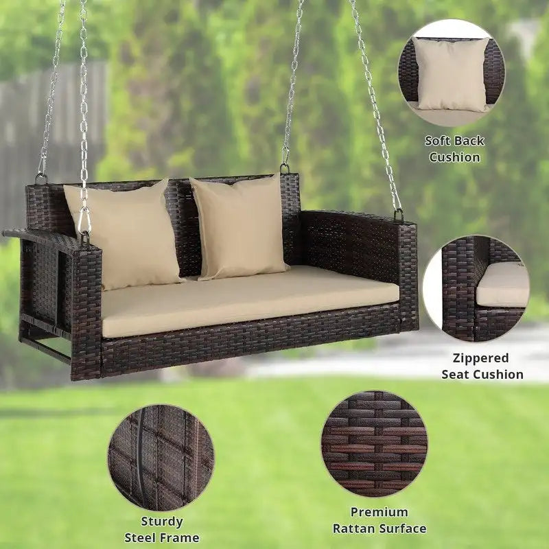 Outdoor 2-Person Wicker Porch Swing Bench with Cushion