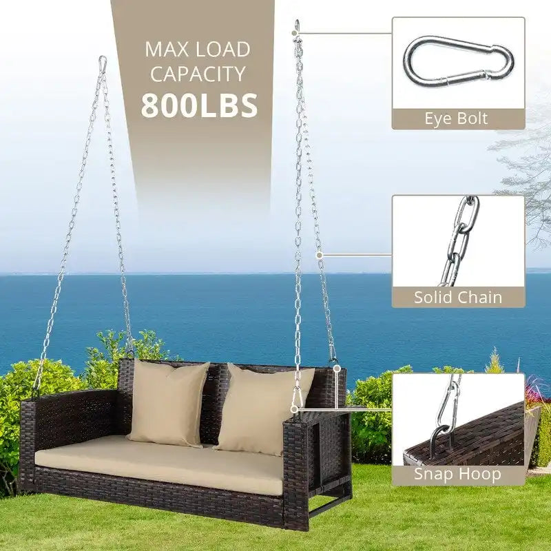 Outdoor 2-Person Wicker Porch Swing Bench with Cushion