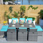 11-Piece Patio Wicker Aluminum Dining Table Set w/ Chairs and Ottomans