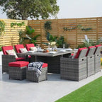 11-Piece Patio Wicker Aluminum Dining Table Set w/ Chairs and Ottomans