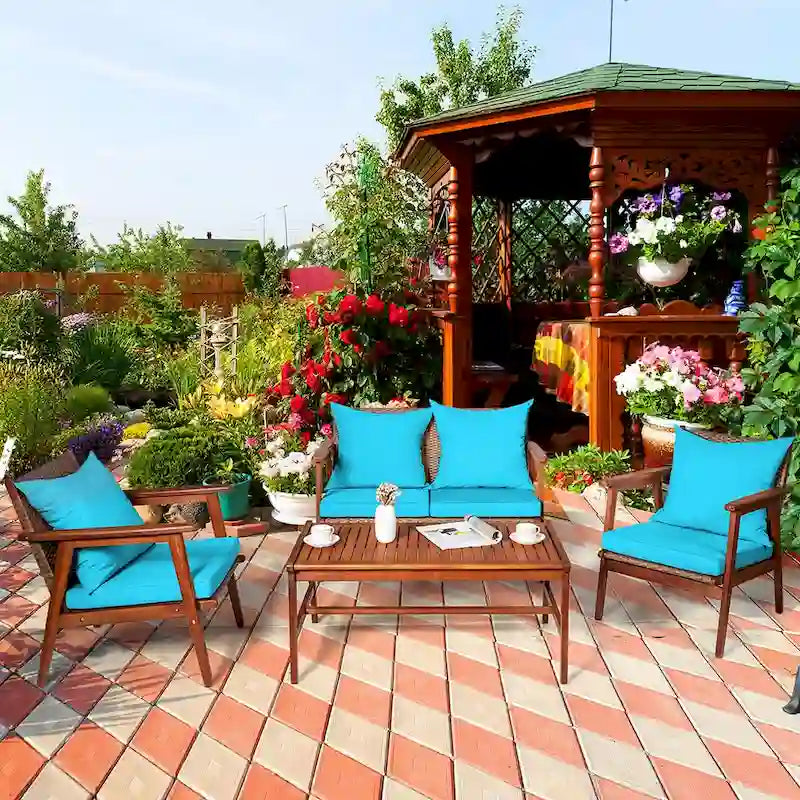 Costway 4PCS Patio Rattan Furniture Set Acacia Wood Frame Cushioned - See Details