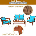 Costway 4PCS Patio Rattan Furniture Set Acacia Wood Frame Cushioned - See Details