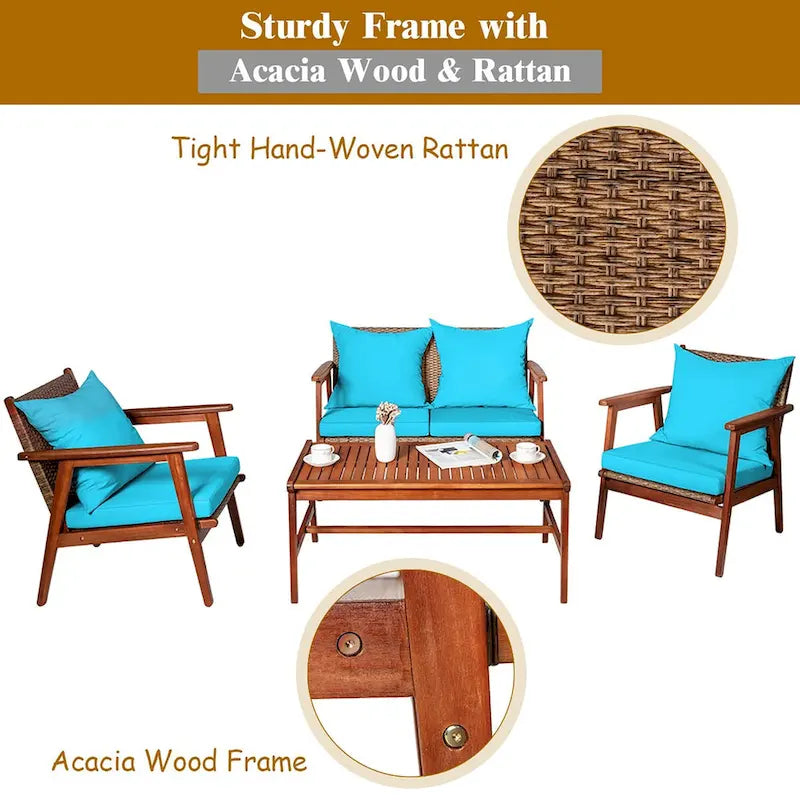 Costway 4PCS Patio Rattan Furniture Set Acacia Wood Frame Cushioned - See Details