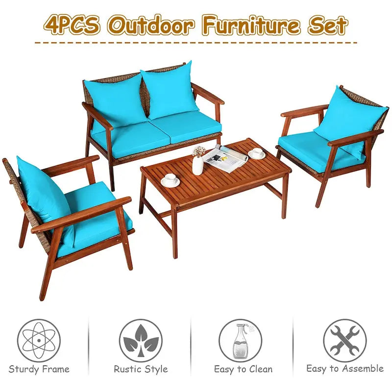 Costway 4PCS Patio Rattan Furniture Set Acacia Wood Frame Cushioned - See Details