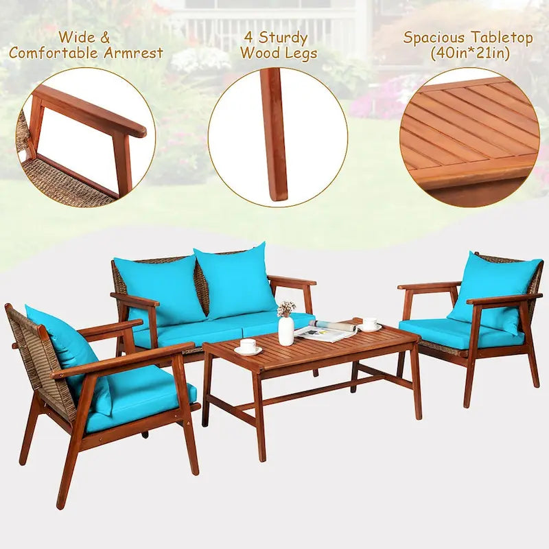 Costway 4PCS Patio Rattan Furniture Set Acacia Wood Frame Cushioned - See Details