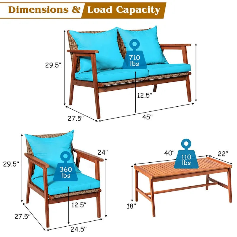Costway 4PCS Patio Rattan Furniture Set Acacia Wood Frame Cushioned - See Details