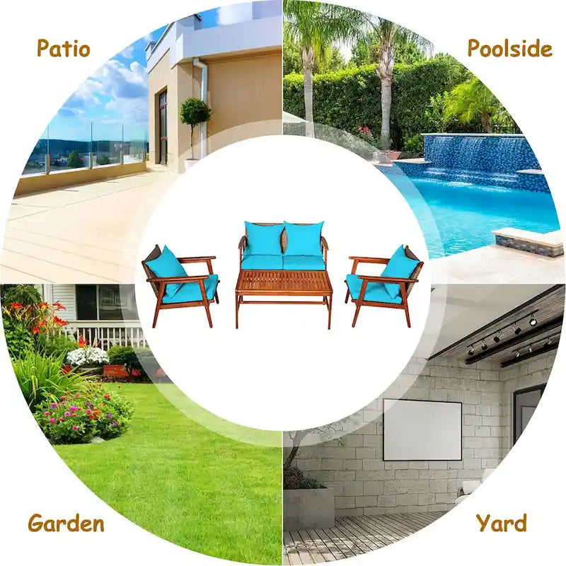 Costway 4PCS Patio Rattan Furniture Set Acacia Wood Frame Cushioned - See Details