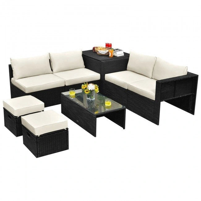 8 Pieces Patio Rattan Storage Table Furniture Set - 25  x 25  x 4  (L x W x D)
