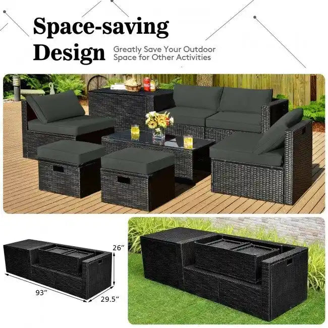 8 Pieces Patio Rattan Storage Table Furniture Set - 25  x 25  x 4  (L x W x D)