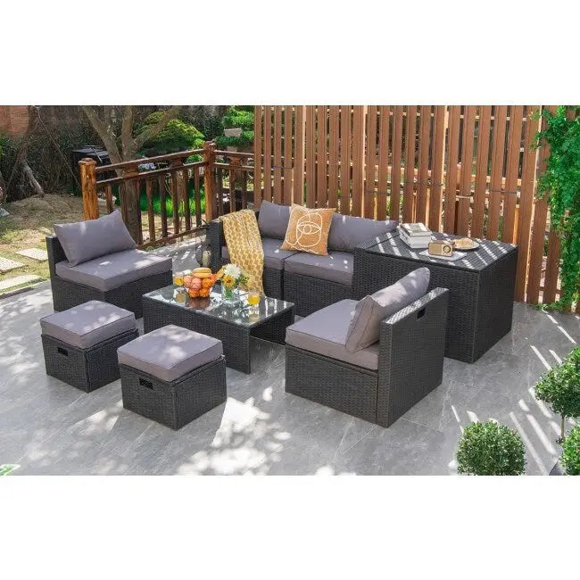 8 Pieces Patio Rattan Storage Table Furniture Set - 25  x 25  x 4  (L x W x D)