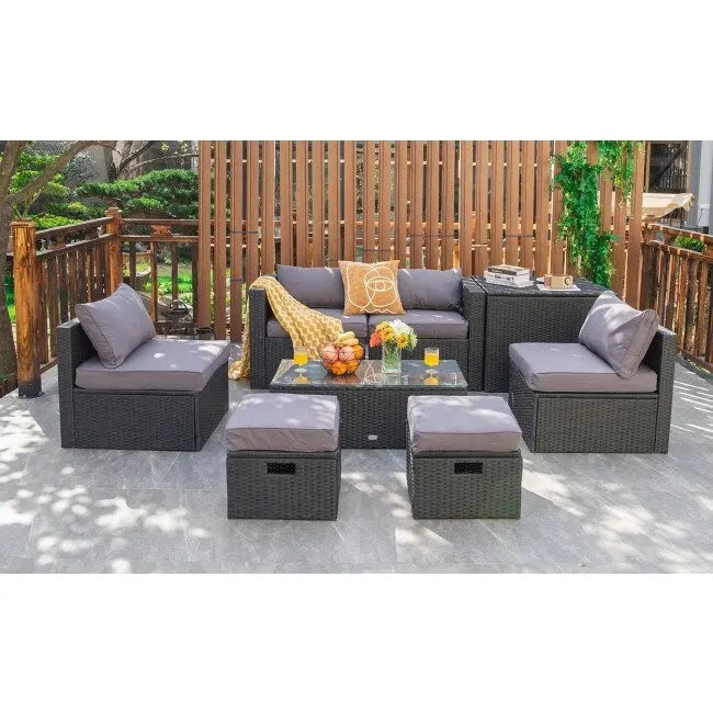 8 Pieces Patio Rattan Storage Table Furniture Set - 25  x 25  x 4  (L x W x D)