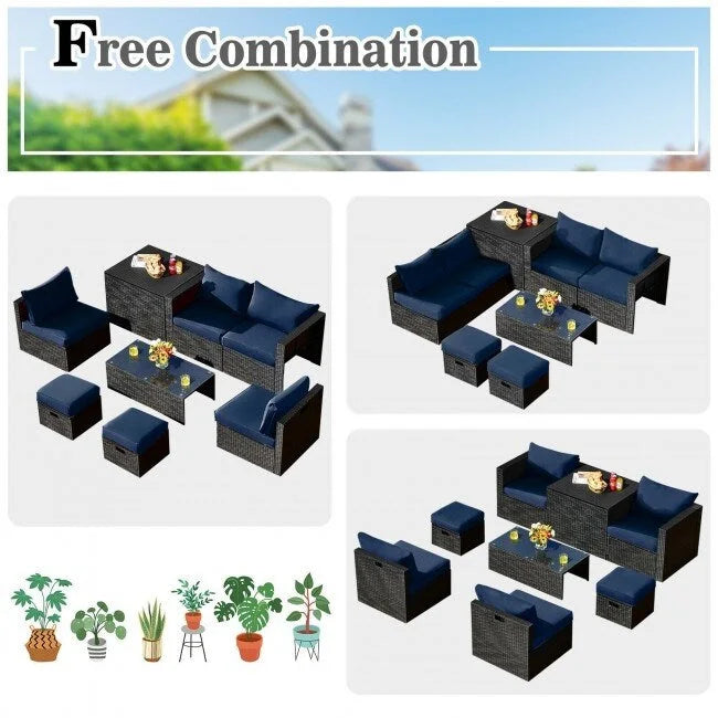 8 Pieces Patio Rattan Storage Table Furniture Set - 25  x 25  x 4  (L x W x D)