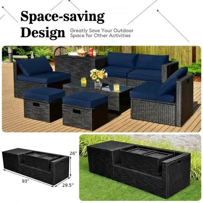 8 Pieces Patio Rattan Storage Table Furniture Set - 25  x 25  x 4  (L x W x D)