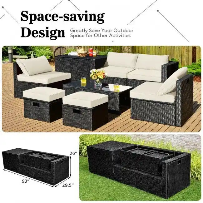 8 Pieces Patio Rattan Storage Table Furniture Set - 25  x 25  x 4  (L x W x D)