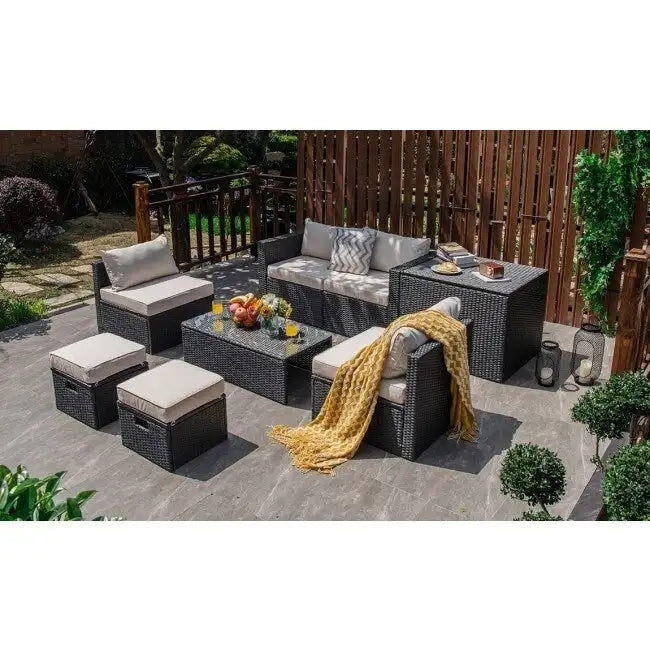 8 Pieces Patio Rattan Storage Table Furniture Set - 25  x 25  x 4  (L x W x D)