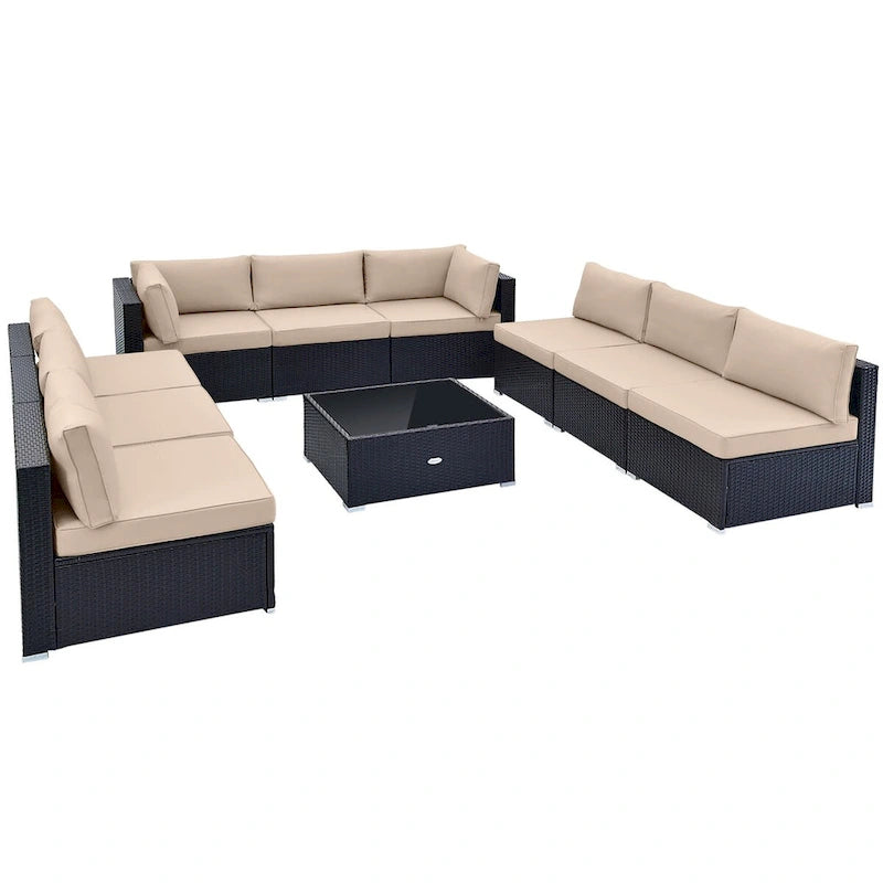 10 Piece Outdoor Wicker Conversation Set with Seat and Back Cushions - 29  x 25  x 25
