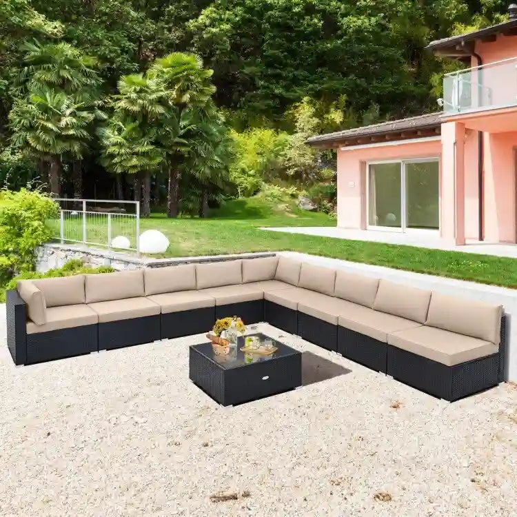 10 Piece Outdoor Wicker Conversation Set with Seat and Back Cushions - 29  x 25  x 25