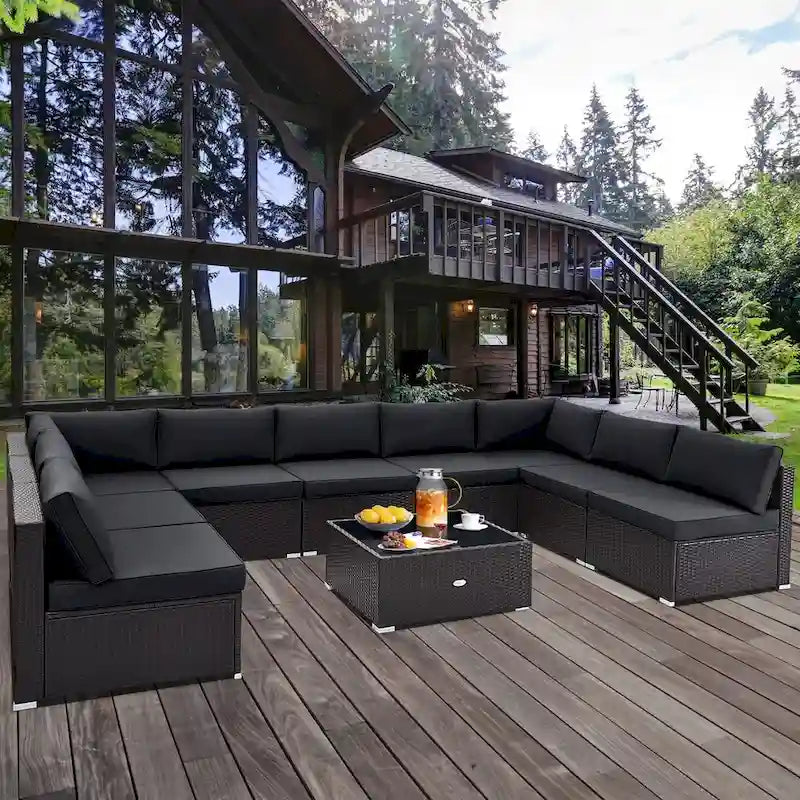 10 Piece Outdoor Wicker Conversation Set with Seat and Back Cushions - 29  x 25  x 25