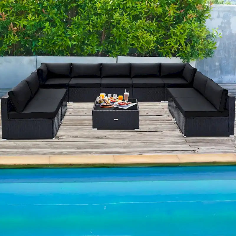 10 Piece Outdoor Wicker Conversation Set with Seat and Back Cushions - 29  x 25  x 25