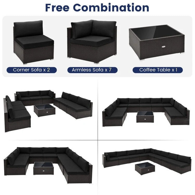 10 Piece Outdoor Wicker Conversation Set with Seat and Back Cushions - 29  x 25  x 25