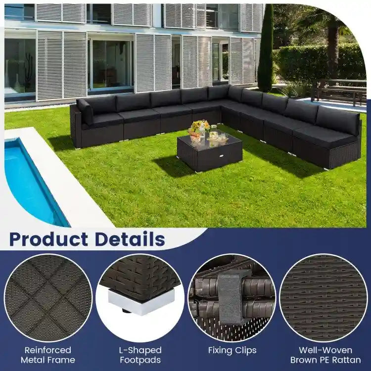 10 Piece Outdoor Wicker Conversation Set with Seat and Back Cushions - 29  x 25  x 25