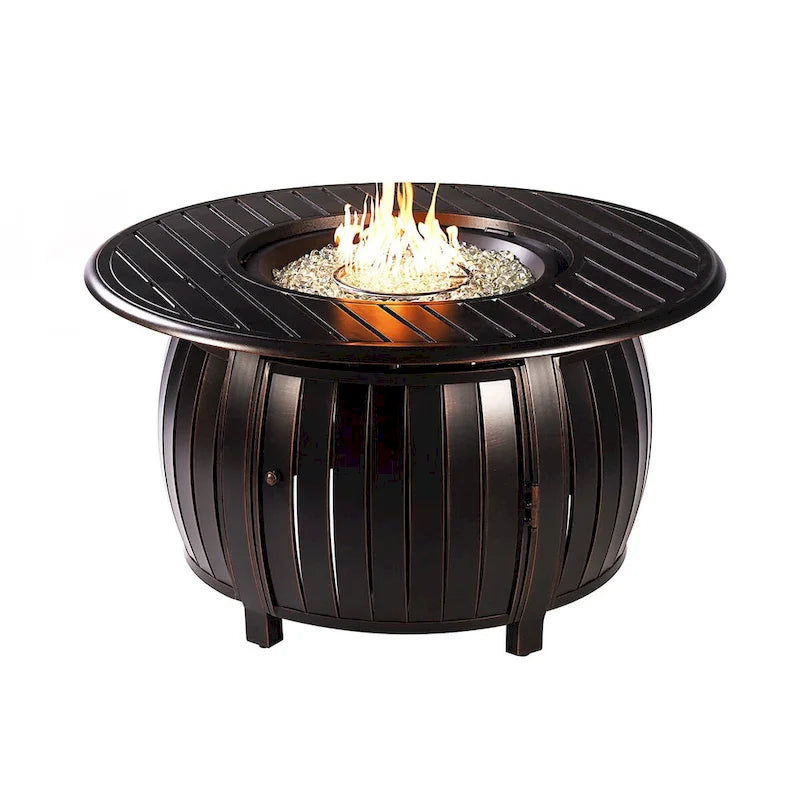 Outdoor Aluminum 44 in. Round Fire Table Set with Four Deep Seating Swivel Rocking Chairs & Accessories