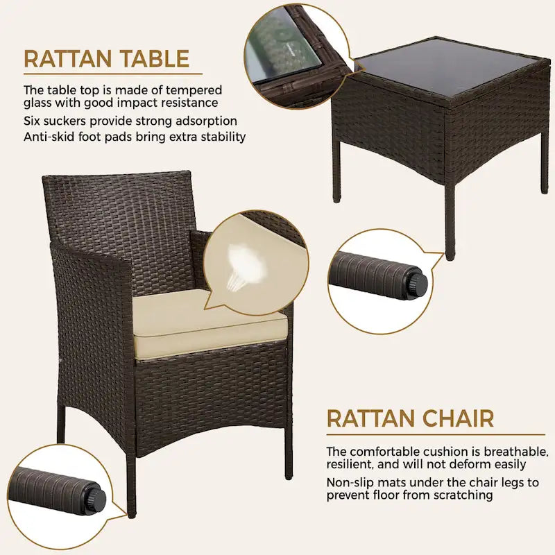 Yaheetech 3-Piece Bistro Set with Rattan Wicker Chairs and Table for Porch