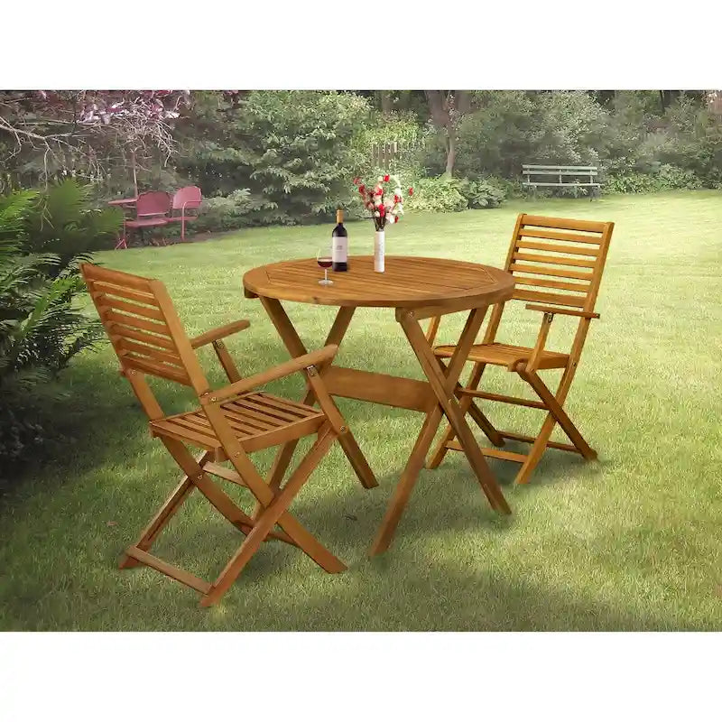 East West Furniture Outdoor Conversation Bistro Set Contains a Round Wood Coffee Table and 2 Folding Arm Chairs, Natural Oil