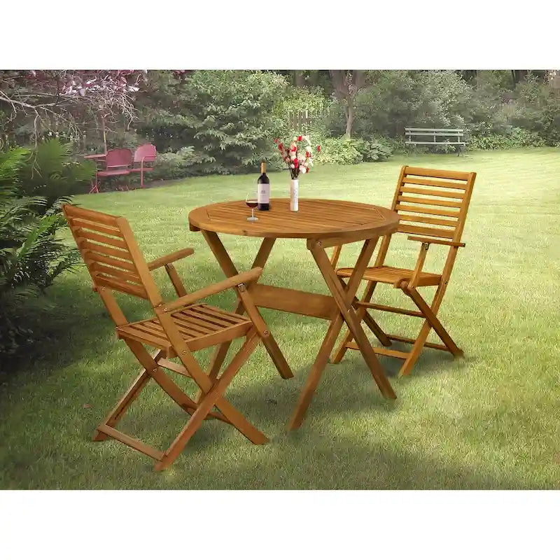East West Furniture Outdoor Conversation Bistro Set Contains a Round Wood Coffee Table and 2 Folding Arm Chairs, Natural Oil