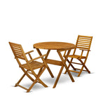 East West Furniture Outdoor Conversation Bistro Set Contains a Round Wood Coffee Table and 2 Folding Arm Chairs, Natural Oil