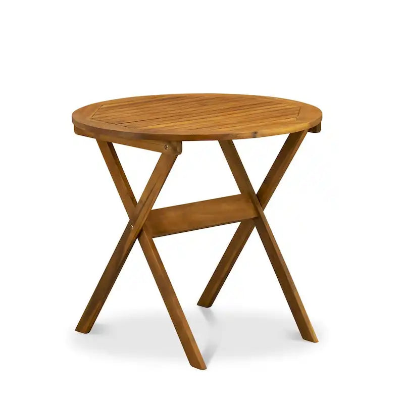 East West Furniture Outdoor Conversation Bistro Set Contains a Round Wood Coffee Table and 2 Folding Arm Chairs, Natural Oil