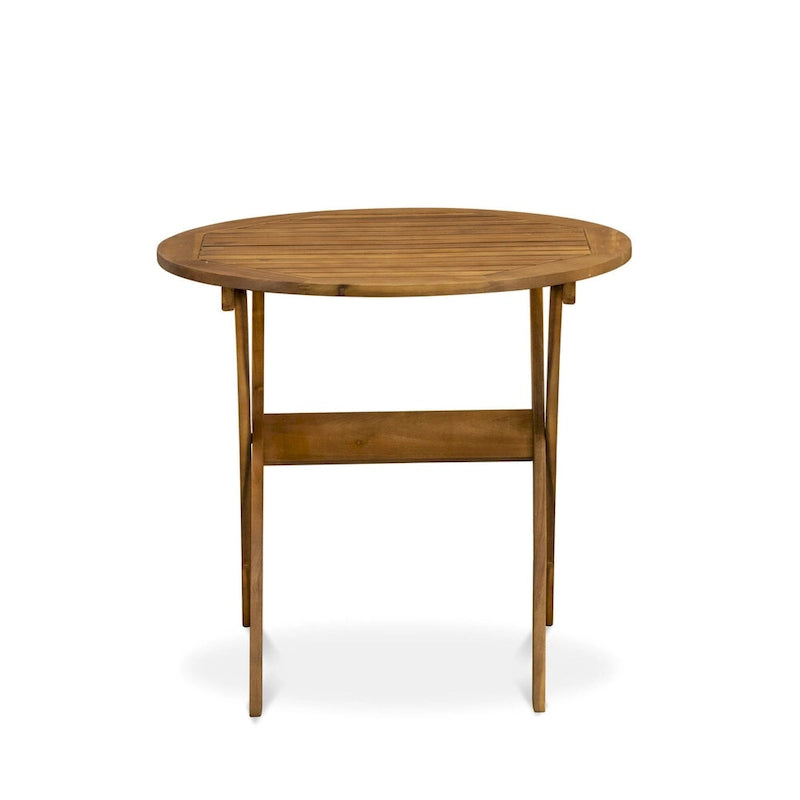 East West Furniture Outdoor Conversation Bistro Set Contains a Round Wood Coffee Table and 2 Folding Arm Chairs, Natural Oil