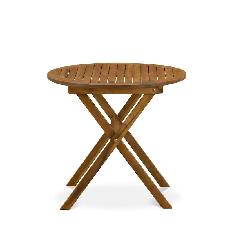 East West Furniture Outdoor Conversation Bistro Set Contains a Round Wood Coffee Table and 2 Folding Arm Chairs, Natural Oil