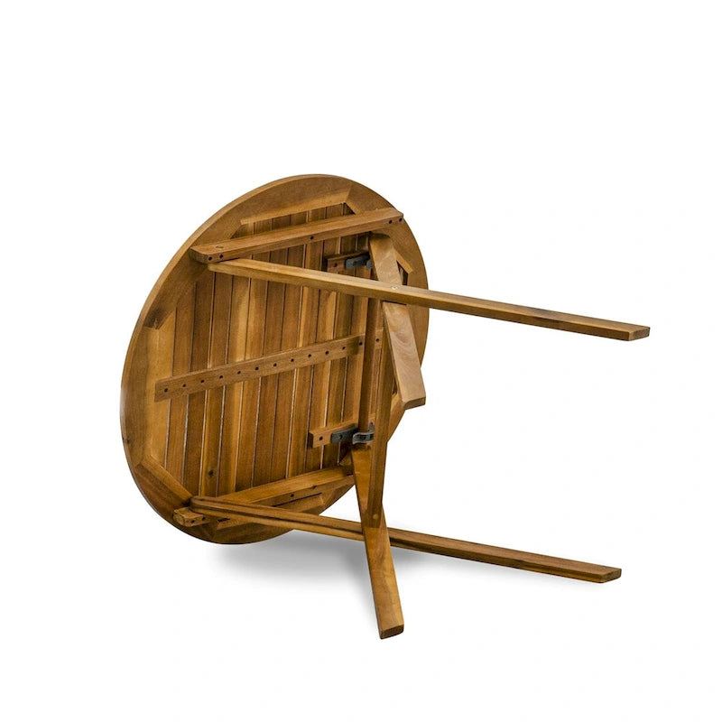 East West Furniture Outdoor Conversation Bistro Set Contains a Round Wood Coffee Table and 2 Folding Arm Chairs, Natural Oil