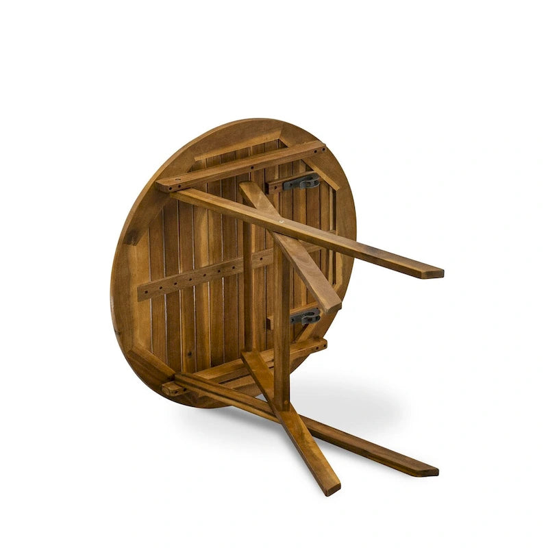 East West Furniture Outdoor Conversation Bistro Set Contains a Round Wood Coffee Table and 2 Folding Arm Chairs, Natural Oil