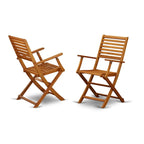 East West Furniture Outdoor Conversation Bistro Set Contains a Round Wood Coffee Table and 2 Folding Arm Chairs, Natural Oil