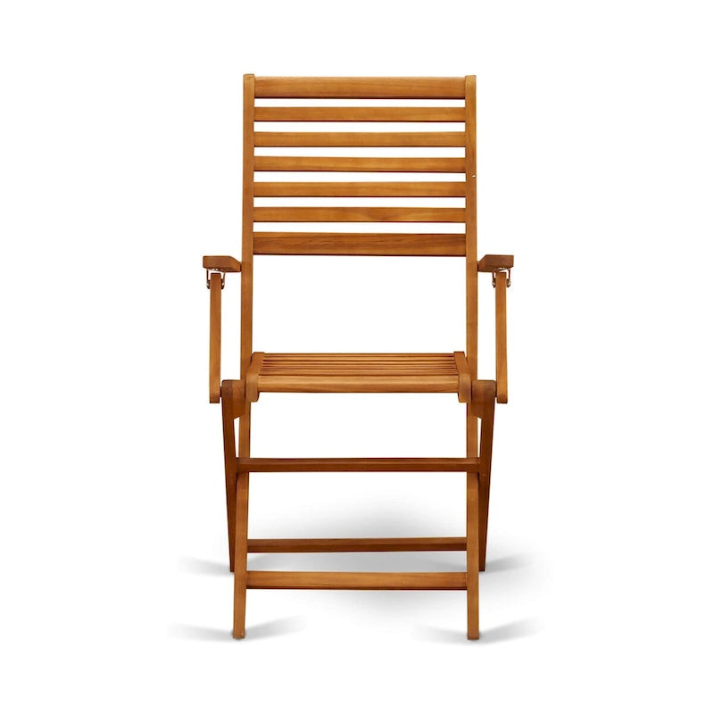 East West Furniture Outdoor Conversation Bistro Set Contains a Round Wood Coffee Table and 2 Folding Arm Chairs, Natural Oil