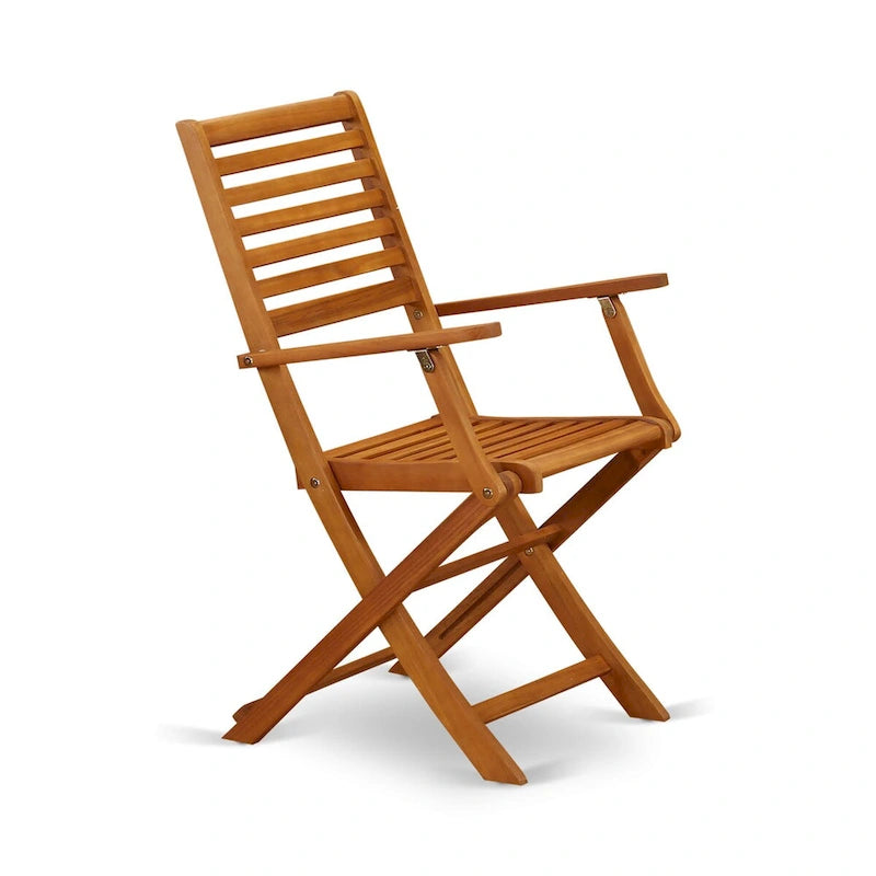 East West Furniture Outdoor Conversation Bistro Set Contains a Round Wood Coffee Table and 2 Folding Arm Chairs, Natural Oil