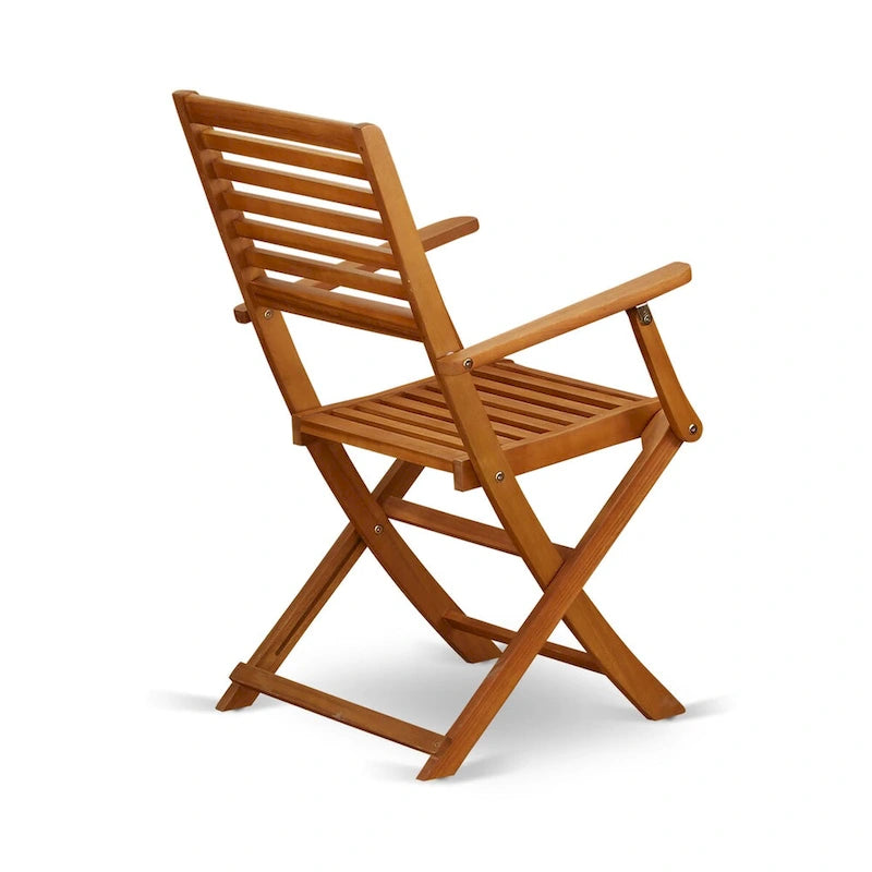 East West Furniture Outdoor Conversation Bistro Set Contains a Round Wood Coffee Table and 2 Folding Arm Chairs, Natural Oil