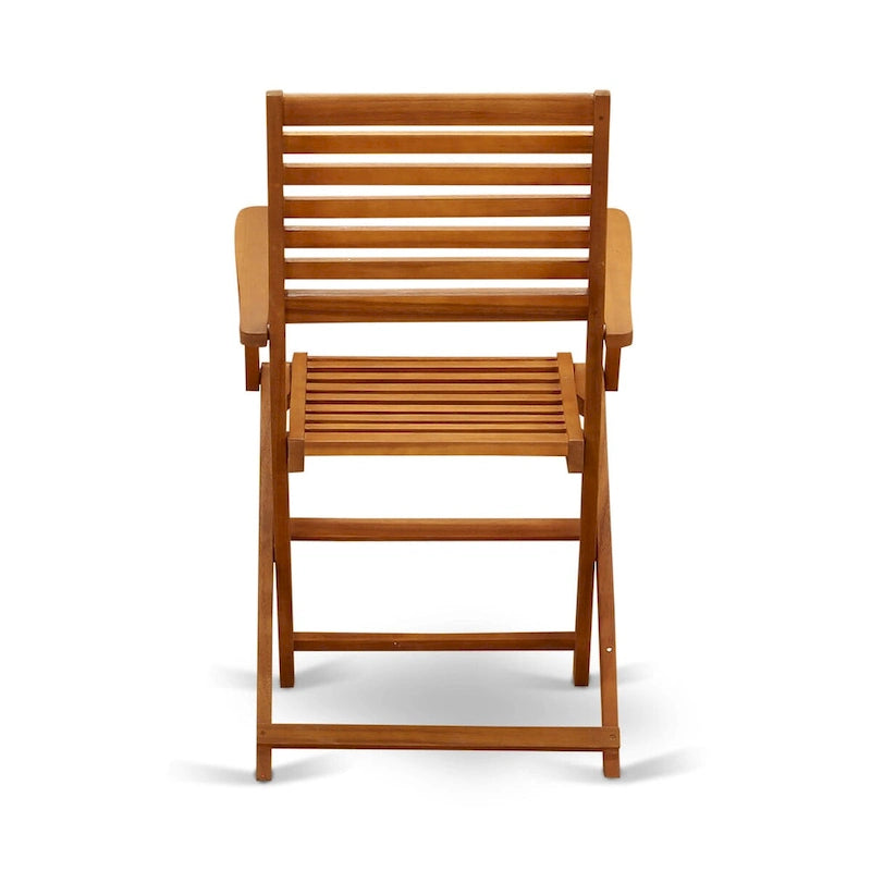 East West Furniture Outdoor Conversation Bistro Set Contains a Round Wood Coffee Table and 2 Folding Arm Chairs, Natural Oil