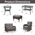 Patio Glider Loveseat Coffee Table, Swivel Chair and Ottomans - Brown